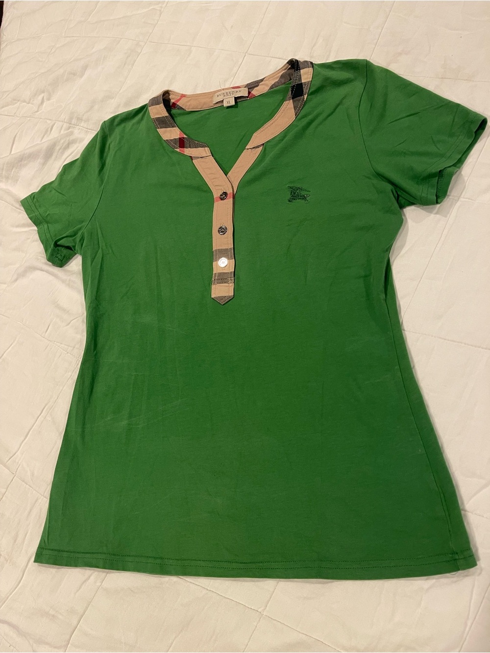 Burberry Brit Green Short Sleeve Henley Check Trim Plaid Luxury XL (fits like S)